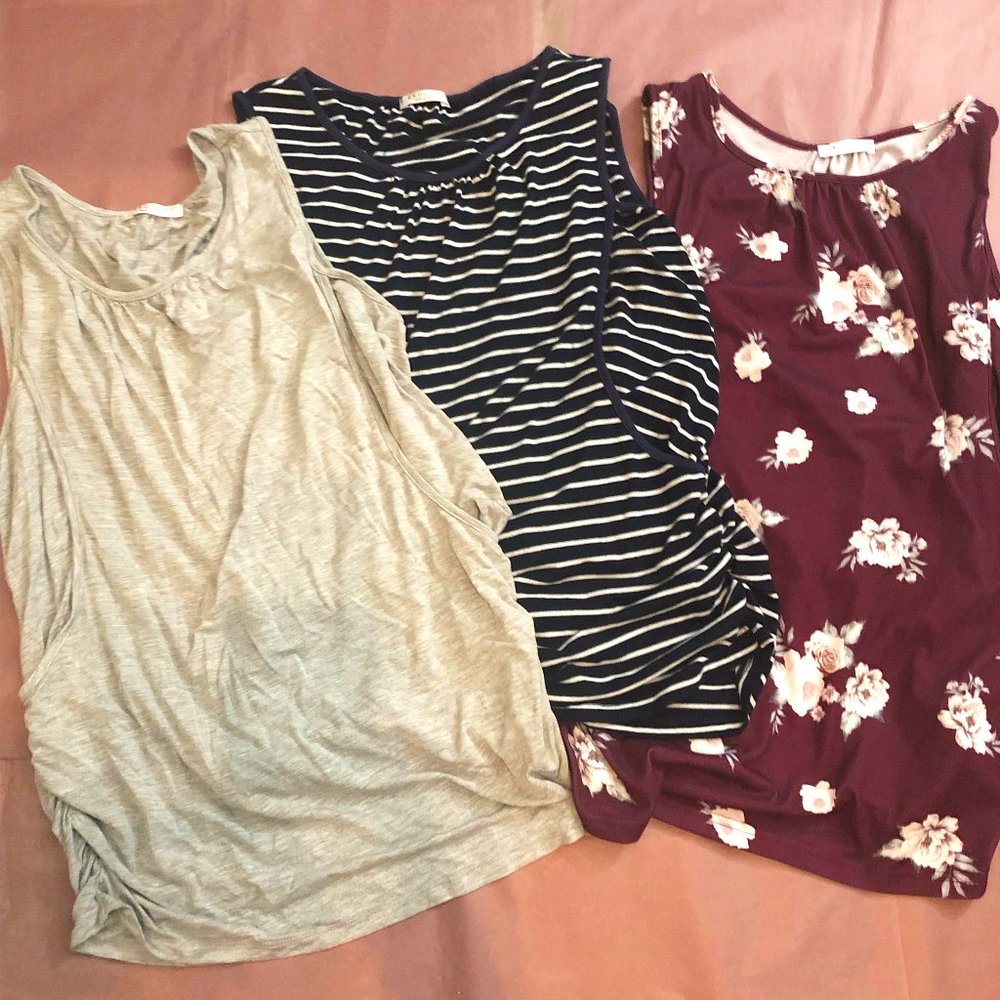 3 Women's Maternity Nursing Tank Tops Blue/White Stripe, Grey, Floral Wine Large
